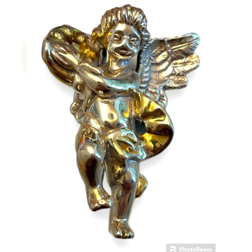 Cherub Playing Tambourine Brooch Pendant Vintage 925
